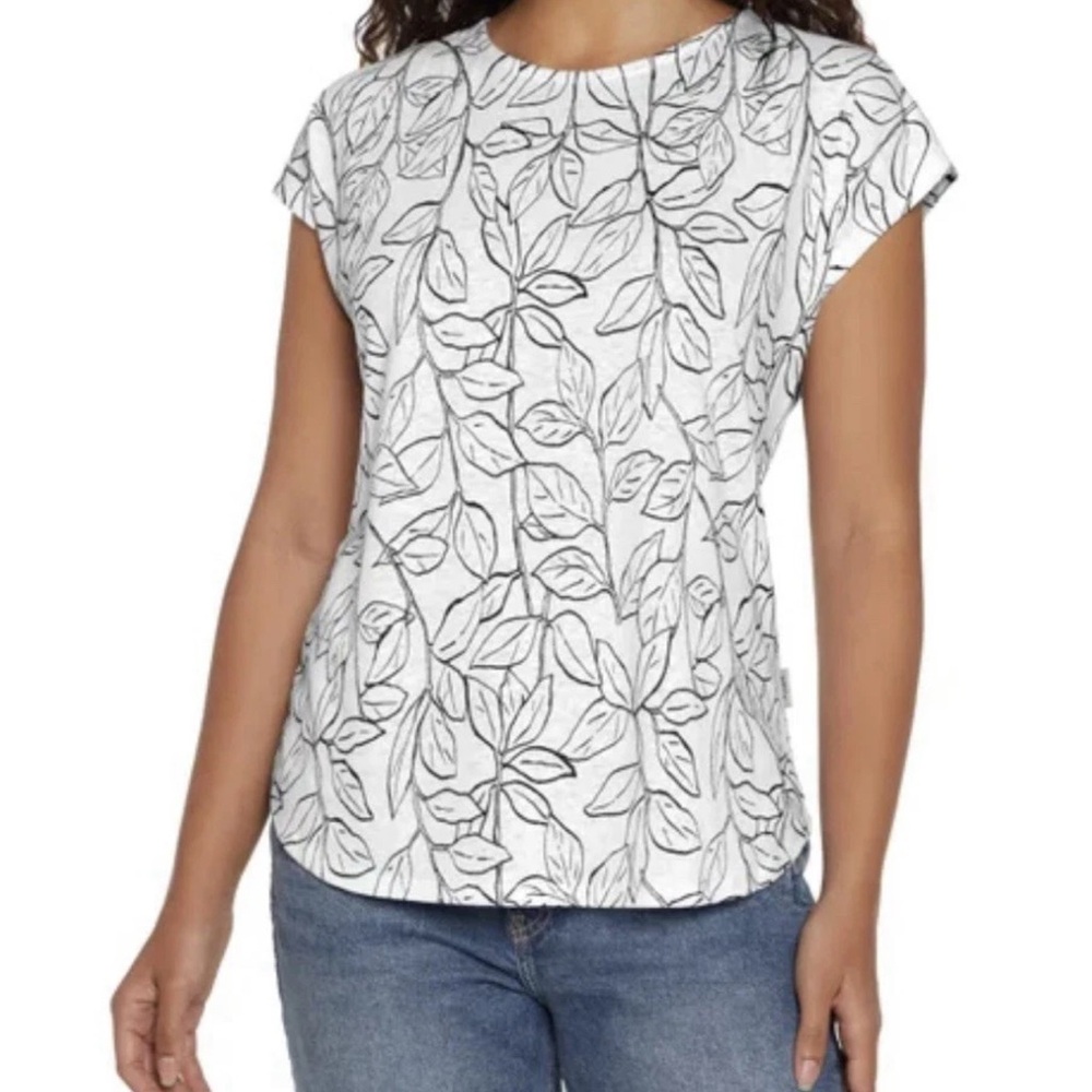 100% Linen Cynthia Rowley Ivory and Black Botanical Print Blouse